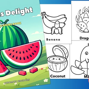 20 Fruits Delight Coloring Page Book for Adult + Kid Instant Download Grayscale + Outline Coloring Page, Printable PDF, A4 Size