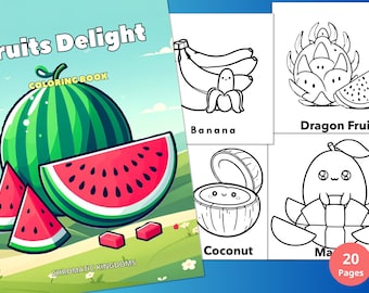 20 Fruits Delight Coloring Page Book for Adult + Kid Instant Download Grayscale + Outline Coloring Page, Printable PDF, A4 Size