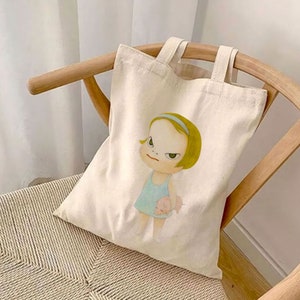 Yoshitomo Nara Emo Girl Tote Cute Doodles Canvas Tote Bag | Yoshitomo Nara Girl Drawing Artsy School Tote Pinterest Aesthetic Tote Bag
