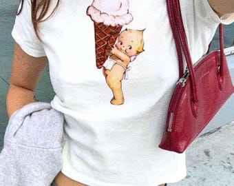 Kewpie Angel Ice Cream Baby Tee Sonny Angel T Shirt Baby Tee | Sonny Angel Kewpie Baby Angel Ice Cream Tee | Angel Baby Shirt Y2K Baby Tee