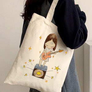 Yoshitomo Nara Guitar Girl Canvas Tote Bag | Yoshitomo Nara Music Girl Coquette Japanese Art Graphic Tote | Back to School Book Laptop Tote