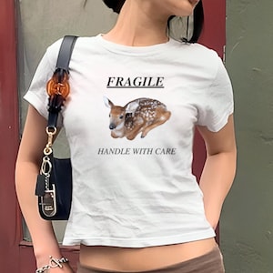 Fawn Baby Deer Memes Coquette Retro Baby Tee | Cute Deer Fragile Memes 90s T-Shirt | Baby Deer Fawn Dollette Vintage Style Top 2000s Tee