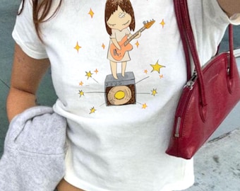 Yoshitomo Nara Guitar Girl Baby Tee: Coquette Y2K Graphic T-Shirt