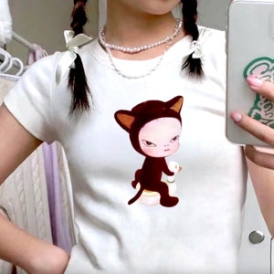 Maglietta con gattino di Yoshitomo Nara, maglietta per neonato Y2K / Maglietta con gatto di Yoshitomo Nara, maglietta anni '90 Y2K / Maglietta con gatto nero giapponese