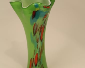 Green Cased Art Glass Vase Splatter Pattern 9"