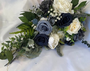 Cascade Wedding bouquet, dusty blue cascading wedding bouquet, navy blue white bouquet, WhenUwed