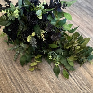 Cascading wedding bouquet, rose and eucalyptus bouquet, black and green cascade bouquet, boho wedding bouquets, goth bouquet, WhenUwed