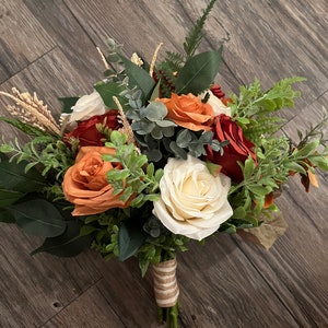 Wedding bouquet, burnt orange & ivory bouquet, rustic bride bouquet, burnt orange ivory sage green wedding bouquet, bridesmaids bouquets