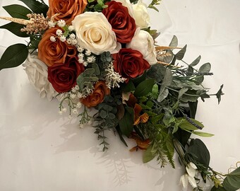 Wedding bouquet, rust orange bouquet, cascading bride bouquet, terracotta ivory bouquet, boho bouquet