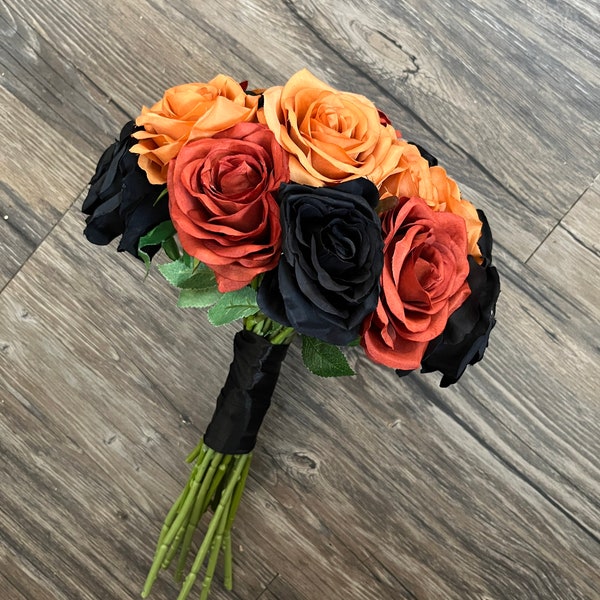 Wedding bouquet, Orange black flowers Fall bridal bouquet Faux bouquet Fall wedding Halloween wedding Silk flowers Boho wedding