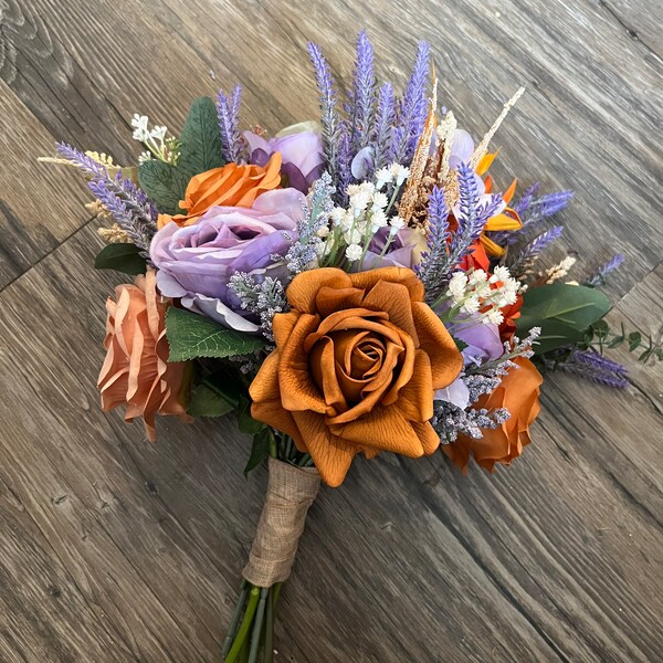 Wedding bouquet, lavender terracotta bride bouquet, purple and orange wedding bouquet, bridesmaids bouquet, rust orange purple bouquet