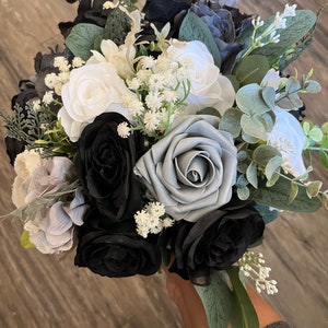 Wedding bouquet, black white & gray bouquet, boho bride bouquet, black gray green bouquet, black white bouquets, bridesmaids bouquets