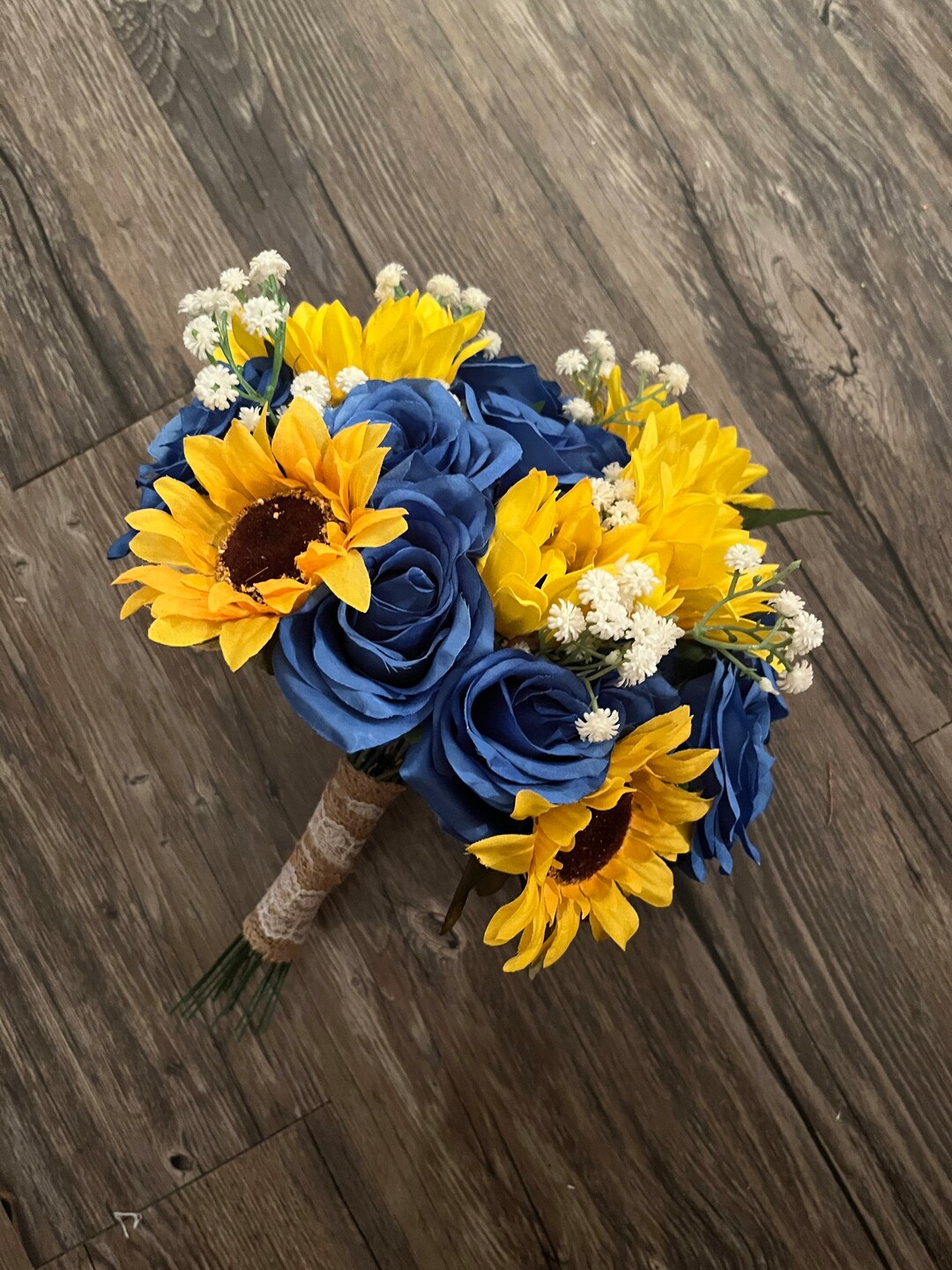 Wedding Bouquet, Royal Blue Sunflower Baby Breath Bouquet, Bride