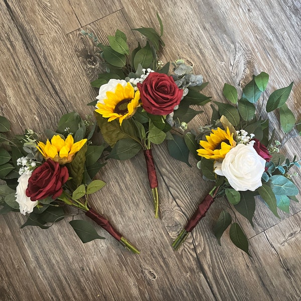 Wedding bouquet, burgundy white sunflowers bouquet, burgundy sunflower bridesmaids bouquet, sunflower bouquets, WhenUwed