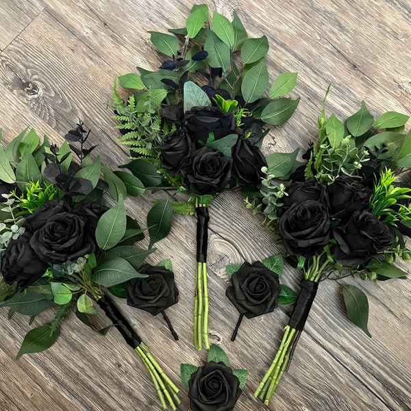 Bridesmaids bouquets, black bouquet, black wedding bouquets, affordable wedding bouquets. Gothic wedding bouquets