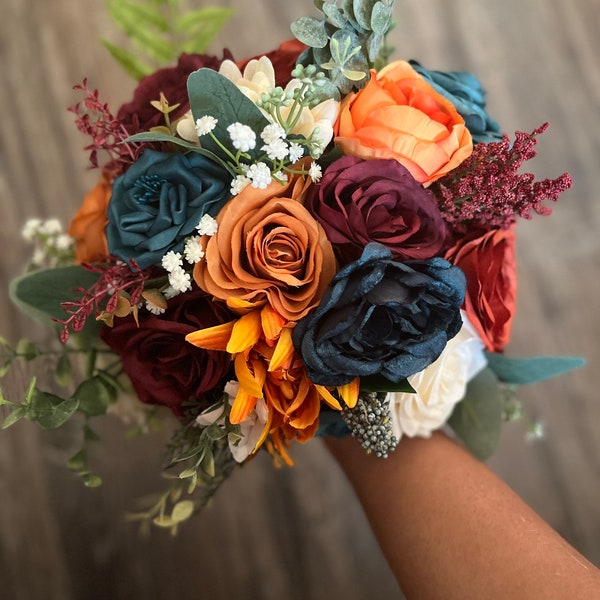 Wedding bouquet, Rust and Teal Bridal bouquet, Orange and Teal Bouquets, Burnt Orange &Teal, burgundy bouquet, WhenUwed, fall wedding bouque