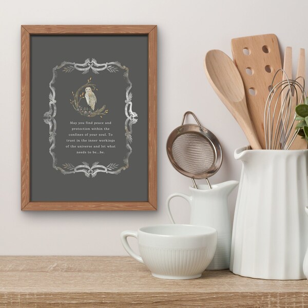 Kitchen Blessing Wall Art | Wiccan Home Protection | Owl and Quote Digital Print | Witchy Universe Poster | | Pagan Art Printable