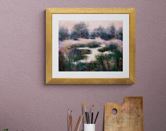 Lizzie's Moody Marshland | Pastell Malerei | Cottagecore Dekor| Blumen Landschaft | Jane Austen Landschaft