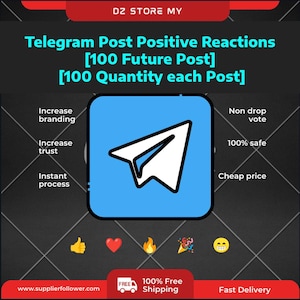 May include: A blue square with a white paper airplane icon in the center. The text "Telegram Post Positive Reactions [100 Future Post] [100 Quantity each Post]" is at the top of the image. The text "Increase branding", "Increase trust", "Instant process", "Non drop vote", "100% safe", and "Cheap price" are listed in two columns on the left and right sides of the image. The text "www.supplierfollower.com" is at the bottom left of the image. The text "FREE 100% Free Shipping" is at the bottom center of the image. The text "Fast Delivery" is at the bottom right of the image. Five emojis are at the bottom center of the image: a thumbs up, a heart, a flame, a party popper, and a smiley face.