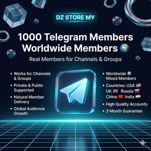 Può includere: Grafica promozionale con il testo "1000 Telegram Members Worldwide Members". Presenta un logo Telegram blu e bianco, un globo e le bandiere di USA, Regno Unito, Russia, Cina e India. Promuove la crescita di canali e gruppi.