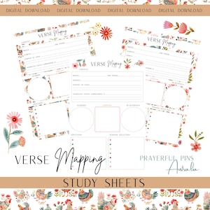 May include: Digital download study sheets with floral and rooster illustrations. The sheets are titled "Verse Mapping" and include sections for content, keywords, and personal reflections. The text "Prayerful Pins Australia" is also visible.