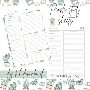 Peut inclure: Téléchargement numérique de feuilles d'étude imprimables "People Study Sheets" sur le thème des cactus et des plantes succulentes. Les feuilles comprennent des sections pour les détails personnels, les événements notables et les références d'étude. Le texte "digital download" est également visible.