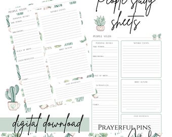 May include: Digital download of printable "People Study Sheets" with a cactus and succulent theme. The sheets include sections for personal details, notable events, and study references. The text "digital download" is also visible.