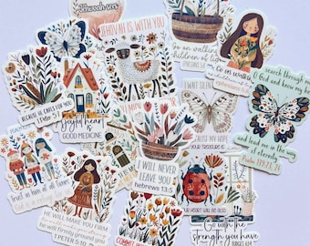 May include: A collection of colorful stickers with floral, butterfly, and inspirational designs. The stickers feature text like "Jehovah is with you" and "Joyful heart is good medicine". The stickers are suitable for scrapbooking and crafts.