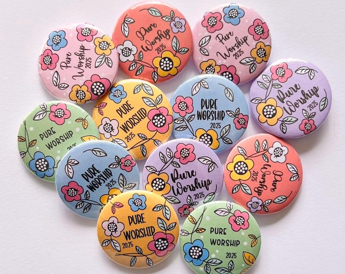 Pure Worship Convention Button Pins, Floral Pure Worship Pins, JW Convention Gifts