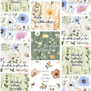 Puede incluir: Una colección de impresiones artísticas florales con flores de acuarela en varios colores, incluyendo azul, rosa y amarillo. Cada impresión tiene una cita inspiradora de Jueces 6:12, 6:14 y 6:16. Las impresiones están sobre un fondo claro.