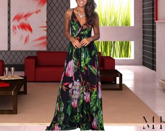 Dames tropische print vakantiejurk met slinger - vintage stijl stuk, bloemenprint jurk, Boho zomerjurk, chique lange jurk, feestkleding