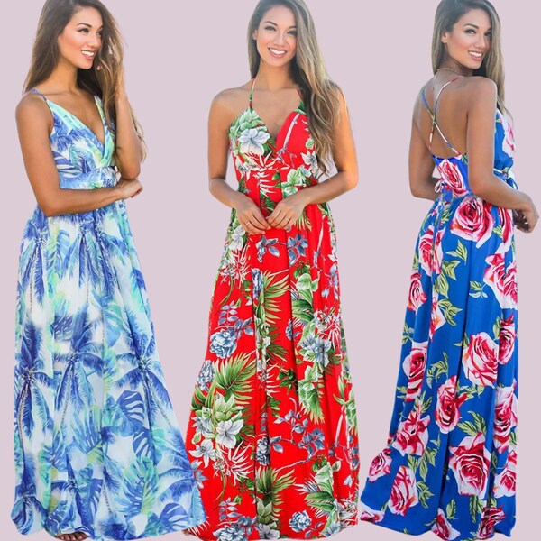 Chic Sling Floral Print Holiday Maxi Dress, Boho Summer Dress, Floral Vacation Dress, Beach Holiday Dress, Stylish Long Dress, Cosual Dress