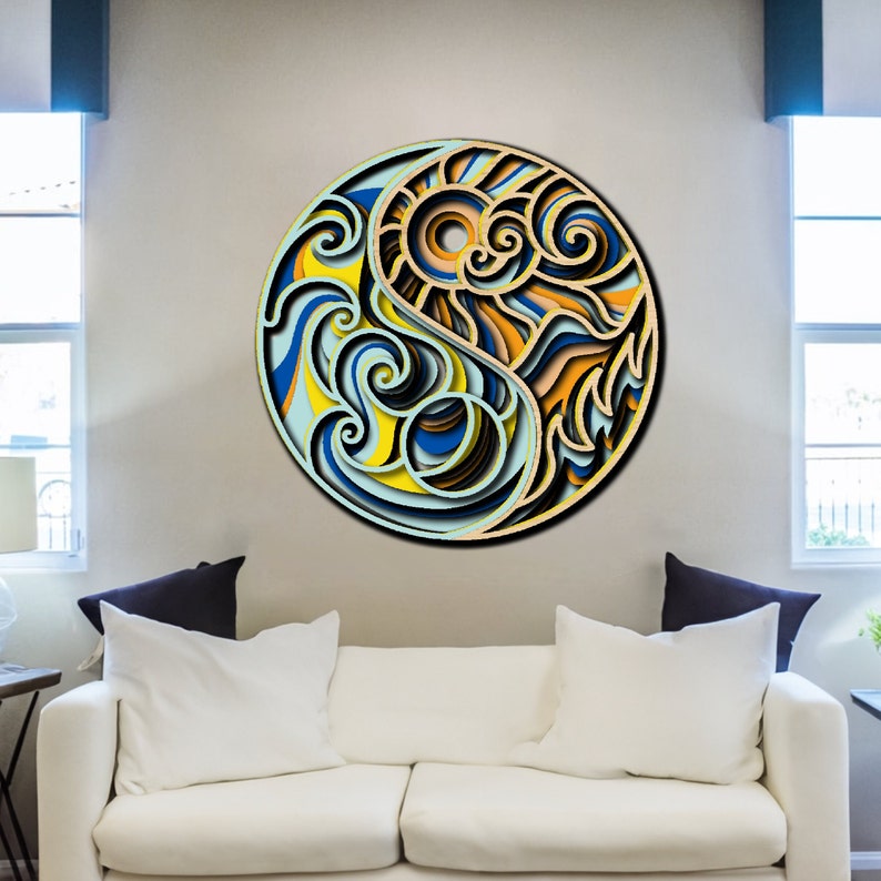Wooden Yin Yang Mandala Wall Art Multi Layered Laser Cut Spiritual
