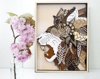 Wooden Lion Wall Art, Lion Mandala Wall Hanging, Lion Wall Decor, Floral Lion Handcrafted Wooden Art, Wooden 3D Lion, Artistic Lion Decor