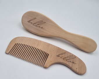 Personalised Baby Brush and Comb Set | Engraved Wood | Canvas Bag