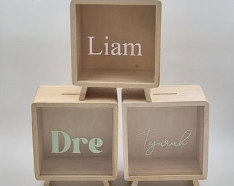 Minimalist Wooden Money Box | Personalised | Pastel Colour | Name | Piggy Bank | Pocket Money | Fund | Holiday | Trip |