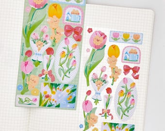 Tulips Sticker Sheet | Cute Cozy Bear Stickers for Planning, Diary, Journaling, and Bujo
