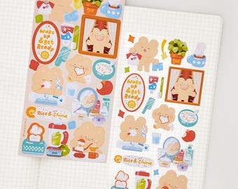 Get Ready in the Morning Sticker Sheet | Cute Cozy Bear Stickers for Planning, Diary, Journaling, and Bujo