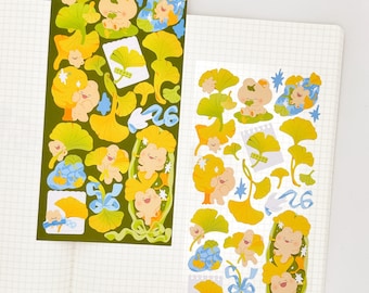 Gingko Leaves Sticker Sheet | Cute Cozy Bear Stickers for Planning, Diary, Journaling, and Bujo