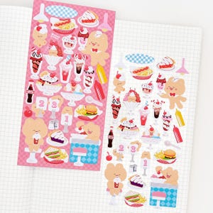 Arkusz naklejek Retro Diner Desserts and Food | Naklejki Cute Diner Bear do planowania, pamiętnika, prowadzenia dziennika i Bujo