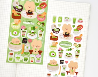 Matcha Lovers Sticker Sheet | Cute Bear Stickers for Planning, Diary, Journaling, and Bujo