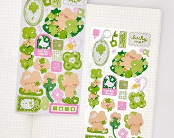 Lucky Clover Spot Holo Sticker Sheet | Cozy Bear Stickers for Planning, Diary, Journaling, and Bujo