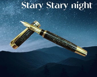 SN FOUNTAIN Pen. "Stary Stary Night". Large style Sn made of stunning black/silver resin with gold sparkles. A stunning writing instrument