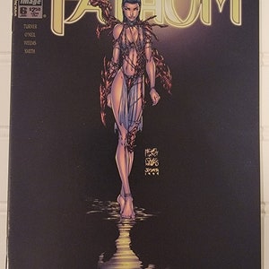 May include: Comic book cover for "Michael Turner's Fathom" featuring a female character with blue hair and a revealing outfit. The title is in gold lettering. The background is dark with a water reflection.