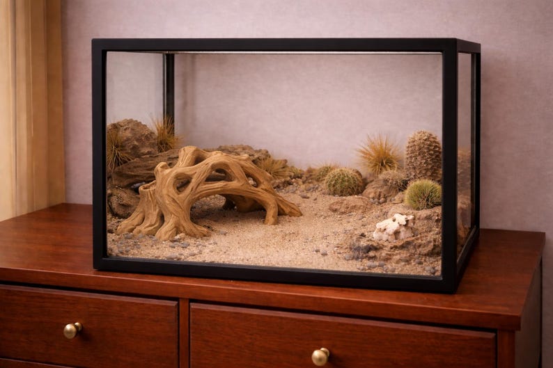 May include: A black-framed terrarium with a desert landscape. Inside, there's sand, rocks, cacti, and a wooden structure. The terrarium sits on a dark wooden dresser.