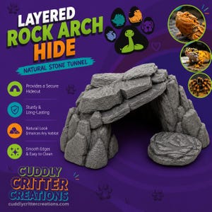 May include: A gray, textured, layered rock arch hide for small animals. The product features a tunnel-like structure with a separate flat stone base. Text on the purple background includes "LAYERED ROCK ARCH HIDE" and "NATURAL STONE TUNNEL."