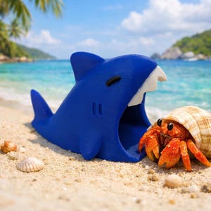 May include: A blue shark-shaped shoe with a white mouth sits on a sandy beach next to a hermit crab in a seashell. The shark has black eyes and gills. The background shows a tropical beach with palm trees and ocean.