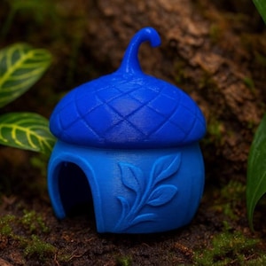 May include: A vibrant blue acorn-shaped house with a curved stem and leaf detailing. The top has a diamond pattern. The house has an arched doorway. The product is set against a backdrop of greenery and earth.