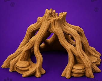 May include: A light brown, textured tree root structure shaped like a small cave or den. The object features gnarled, branching roots that form an arched opening, with small, stacked circular platforms at the base on both the left and right sides.
