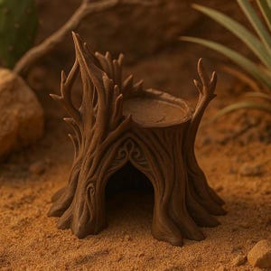 Puede incluir: Un objeto decorativo marrón con forma de tocón de árbol. El objeto tiene un centro ahuecado y una abertura arqueada. El exterior está detallado con texturas similares a la corteza y protuberancias en forma de rama. El artículo está diseñado para parecerse a un árbol en miniatura.